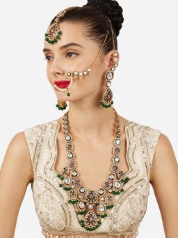 Zaveri Pearls - Traditional Green and Pink Enamel Stone Studded Bridal Jewellery Set