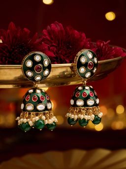 Zaveri Pearls - Green and Pink Meenakari Stones-Beads Jhumka Earrings