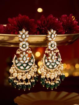 Zaveri Pearls - Green Crescent Kundan and Pearls Chandbali Earrings