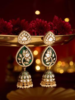 Zaveri Pearls - Green Lotus Design Kundan Jhumka Earrings