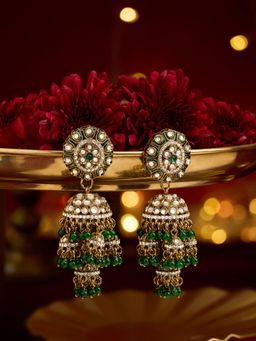 Zaveri Pearls - Green Stone and Beads Antique Jhumka Earrings