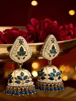 Zaveri Pearls - Blue and Off White Meenakari Antique Diamonds Jhumka Earrings