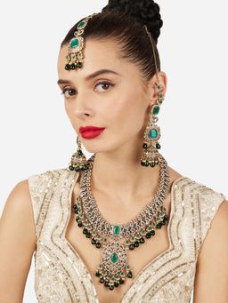 Zaveri Pearls - Green Antique Stone Studded Bridal Necklace Jewellery Set