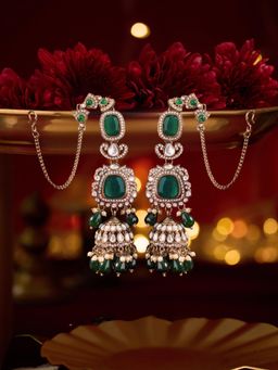 Zaveri Pearls - Green Stones-Beads Antique Attached Ear Chain Jhumka Earrings