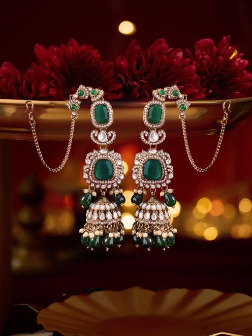 Zaveri Pearls Green Stones-Beads Antique Attached Ear Chain Jhumka Earrings