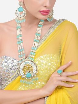Zaveri Pearls - Turquoise Enamel Multistrand Kundan and Pearl Jewellery Set