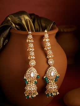 Zaveri Pearls - Peacock Green Beads-Kundan Attached Ear Chain Jhumka Earrings