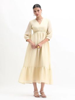 RAREISM - Women Avico Gold Viscose Fit and Flared Midi Plain Dress with Belt