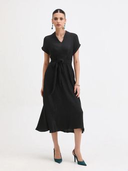 RAREISM - Women Aviha Black Flared Midi Plain Dress with Belt