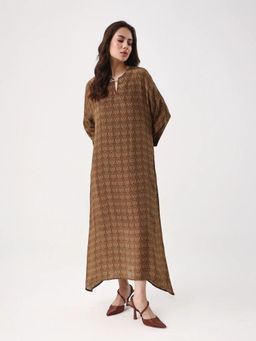 RAREISM - Women Avikan Mustard Relaxed Fit Midi Printed Dress