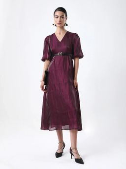 RAREISM - Women Avilia Wine Fit And Flare Midi Plain Dress with Belt