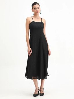 RAREISM - Women Aviliz Black Polyester Fit And Flare Midi Plain Dress