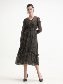 RAREISM - Women Aviup Olive Polyester Fit and Flared Midi Floral Print Dress