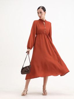 RAREISM - Women Aviure Rust Polyester Band Fit And Flare Midi Plain Dress with Belt