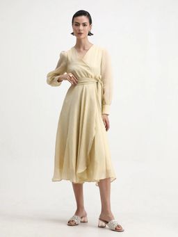 RAREISM - Women Avsi Yellow Polyester Wrap Fit And Flare Midi Plain Dress with Belt