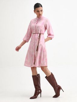 RAREISM - Women Elena Light Pink A-Line Knee Length Printed Dress with Belt
