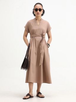 RAREISM - Women Eleri Beige A-Line Midi Plain Dress with Belt