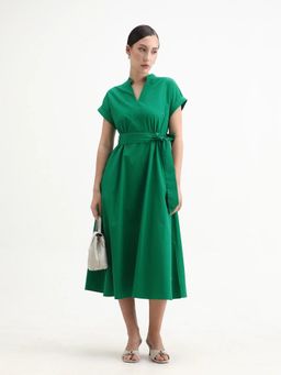 RAREISM - Women Eleri Green Extended A-Line Midi Plain Dress with Belt