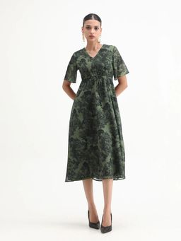 RAREISM - Women Elgon Dark Green Polyester Flared Midi Floral Print Dress
