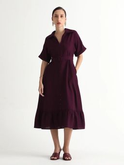 RAREISM - Women Elhan Wine Extended A-Line Midi Plain Dress with Belt