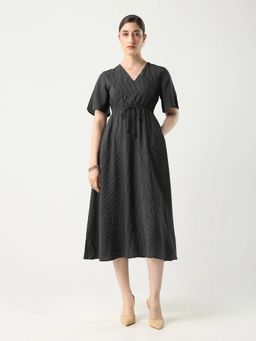 RAREISM - Women Eloys Black Flared Fit Sleeve V-Neck Flared Midi Printed Dress