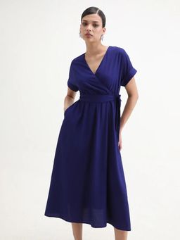 RAREISM - Women Elvin Blue Viscose Fabric Flared Midi Plain Dress with Belt