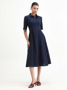 RAREISM - Women Jefo Navy Blue Cotton Regular Fit and Flare Midi Plain Dress