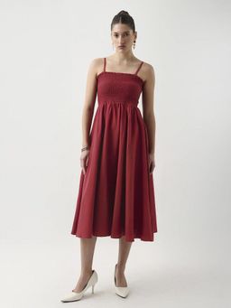 RAREISM - Women Jendimo Dark Red Fit and Flare Midi Plain Dress