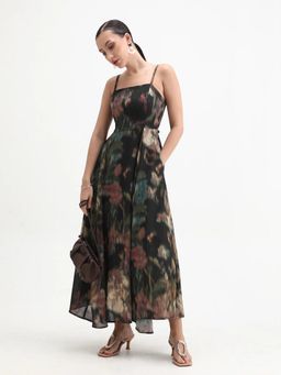 RAREISM - Women Jenito Black Polyester Fit and Flare Midi Printed Dress