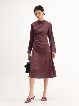 RAREISM - Women Jenlio Dark Maroon Polyester Fitted Midi Geometric Print Dress