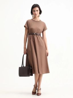 RAREISM - Women Jento Brown Cotton Fit And Flare Midi Plain Dress with Belt