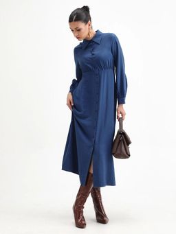RAREISM - Women Jenzif Blue Viscose Blend A-Line Midi Plain Dress