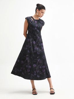 RAREISM - Women Jetro Black Cotton Fit and Flare Midi Floral Print Dress