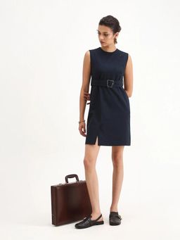 RAREISM - Women Jiky Navy Blue Cotton Blend Fitted Mini Plain Dress with Belt