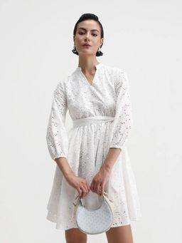 RAREISM - Women Somliao White Cotton Flared Mini Dress with Belt