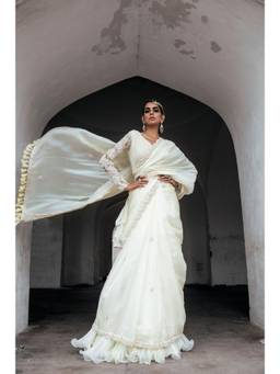 PALLAVI JAIPUR - Lemon Yellow Embroidered Saree with Stitched Blouse