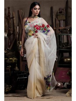 PALLAVI JAIPUR - Fawn Cream Saree with Stitched Blouse