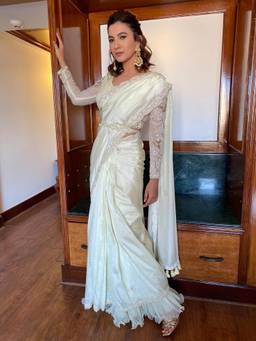 PALLAVI JAIPUR - Butter Cream Embroidered Saree with Stitched Blouse