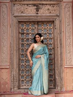 Zal from Benaras - Powder Blue Pure Katan Silk Banarasi Handloom Saree with Unstitched Blouse