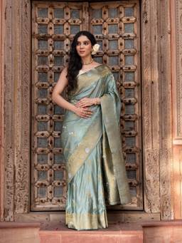 Zal from Benaras - Seafoam Green Pure Katan Silk Banarasi Handloom Saree with Unstitched Blouse