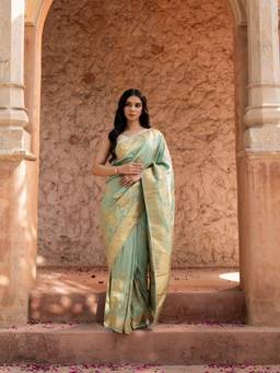 Zal from Benaras - Seafoam Green Pure Tissue Silk Banarasi Handloom Saree with Unstitched Blouse