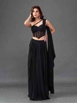 Qunic - Black Noir Veil Sarees With Stitched Blouse