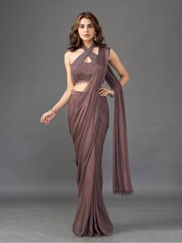 Qunic - Bronze Plumwood Drape Sarees With Stitched Blouse