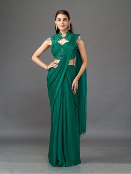 Qunic - Green Emerald Drape Sarees With Stitched Blouse