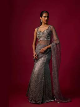 MEHAK MURPANA - Grey Embroidered Saree with Stitched Blouse