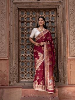 Zal from Benaras - Maroon Pure Chiffon Banarasi Silk Handloom Saree with Unstitched Blouse
