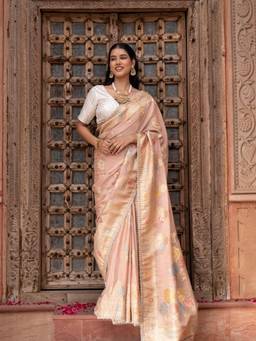 Zal from Benaras - Onion Pink Pure Chiffon Banrasi Silk Handloom Saree with Unstitched Blouse