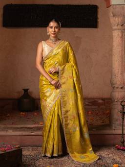Zal from Benaras - Green Pure Chiffon Banarasi Silk Handloom Saree with Unstitched Blouse