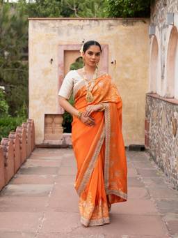 Zal from Benaras - Orange Pure Katan Silk Bridal Banarasi Handloom Saree with Unstitched Blouse