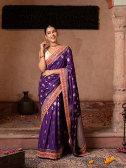 Zal from Benaras - Purple Pure Katan Silk Banarasi Handloom Saree with Unstitched Blouse